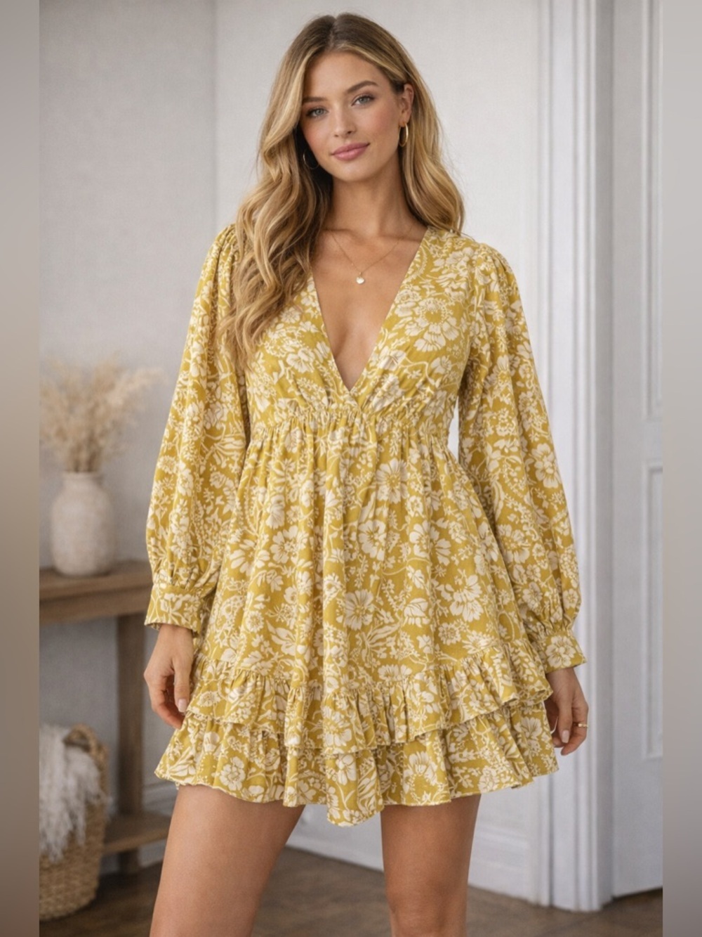 Maeve x Anthropologie | Long Sleeve V Neck Ruffle Mini Dress Floral - Size XS
